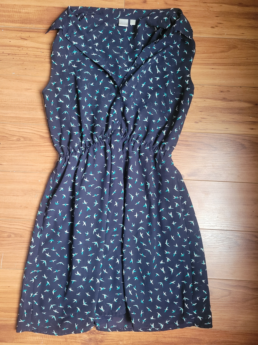 twik Navy Sleeveless Bird-Print Midi Dress with Teal Accents